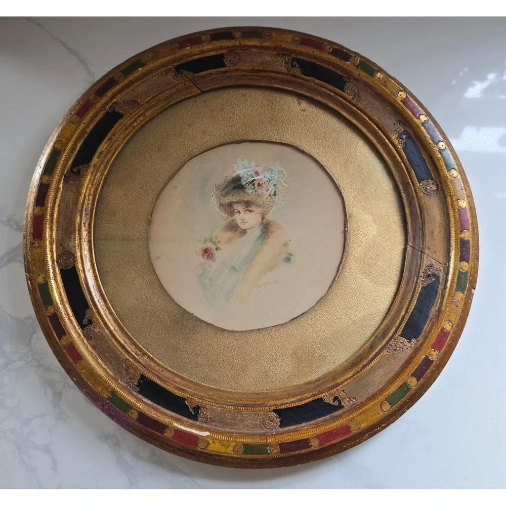 Antique Edwardian Gibson Girl Portrait Miniature Florentine Gilt Round Frame Art